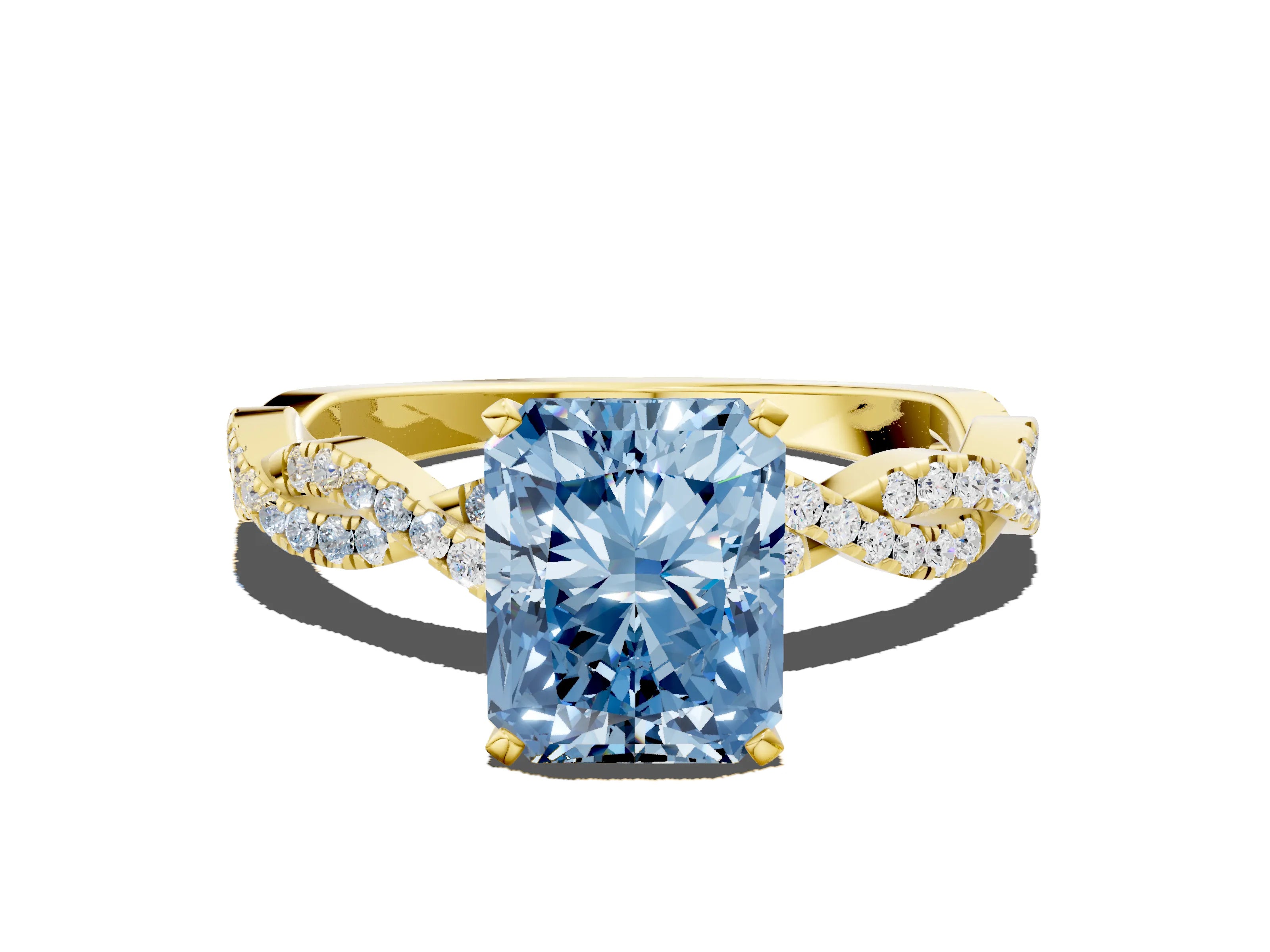 Yellow gold Fancy Blue Radiant Cut Solitaire Twisted Pave Band with Four-Prong Setting_3