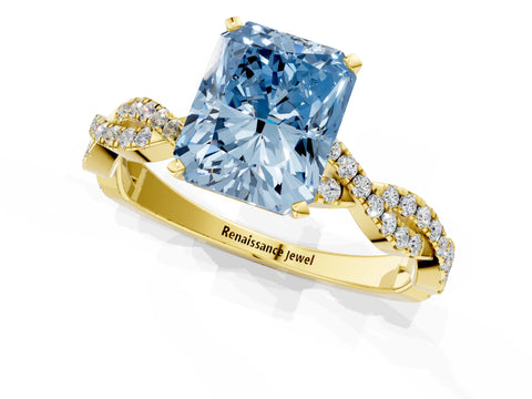 Yellow gold Fancy Blue Radiant Cut Solitaire Twisted Pave Band with Four-Prong Setting_4