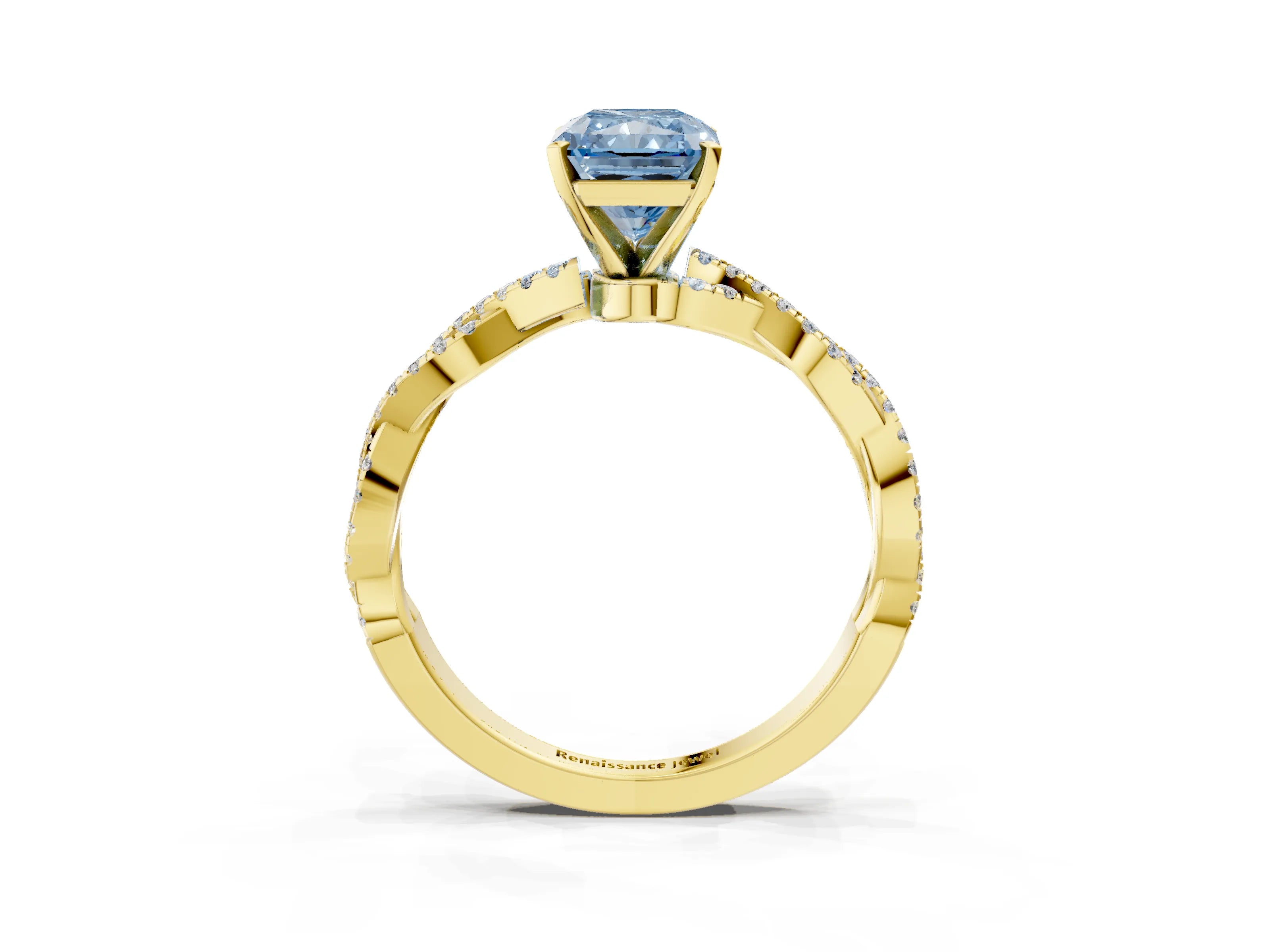 Yellow gold Fancy Blue Radiant Cut Solitaire Twisted Pave Band with Four-Prong Setting_6