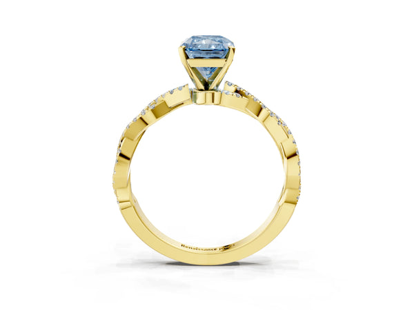 Yellow gold Fancy Blue Radiant Cut Solitaire Twisted Pave Band with Four-Prong Setting
