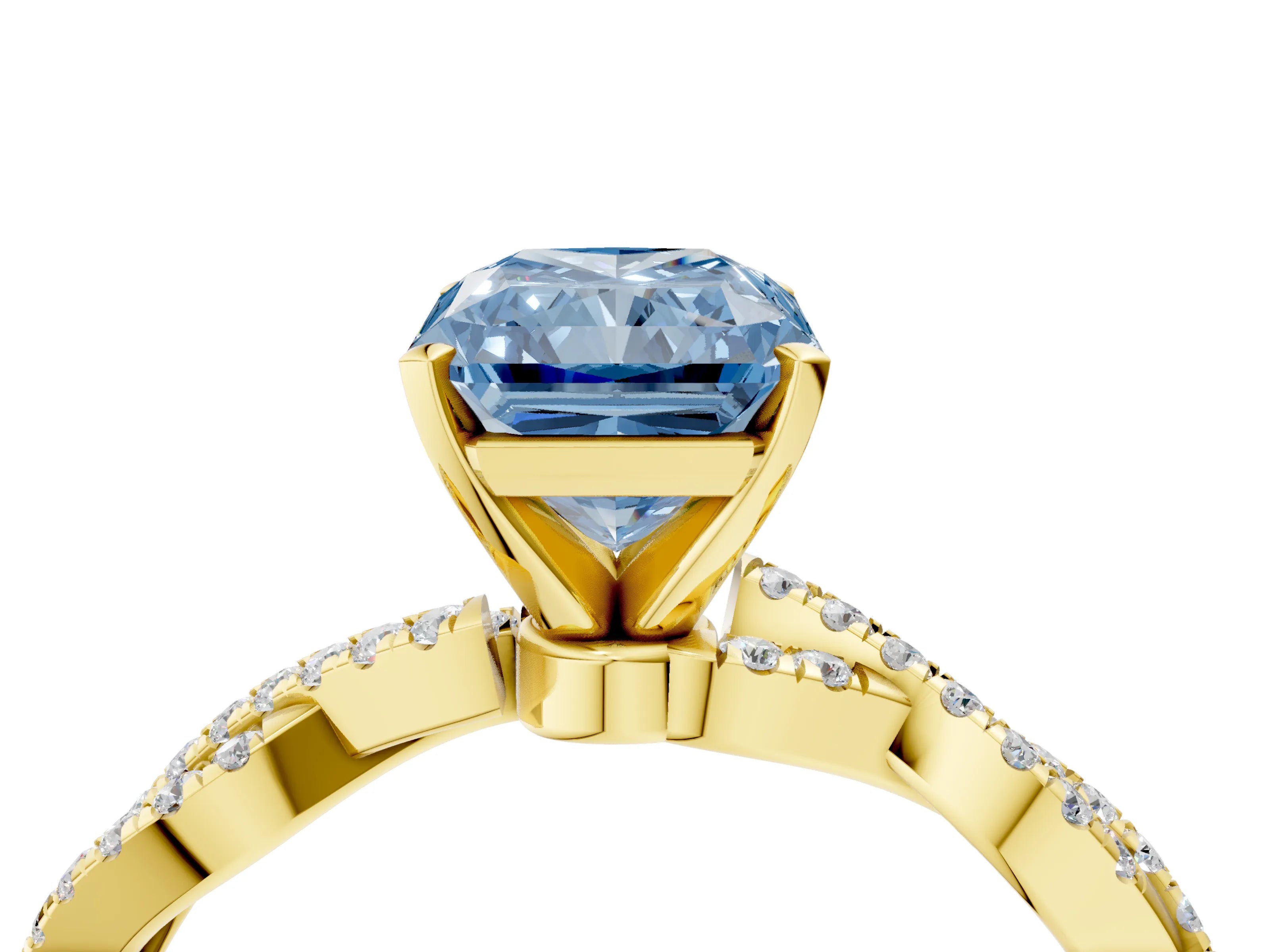 Yellow gold Fancy Blue Radiant Cut Solitaire Twisted Pave Band with Four-Prong Setting_7