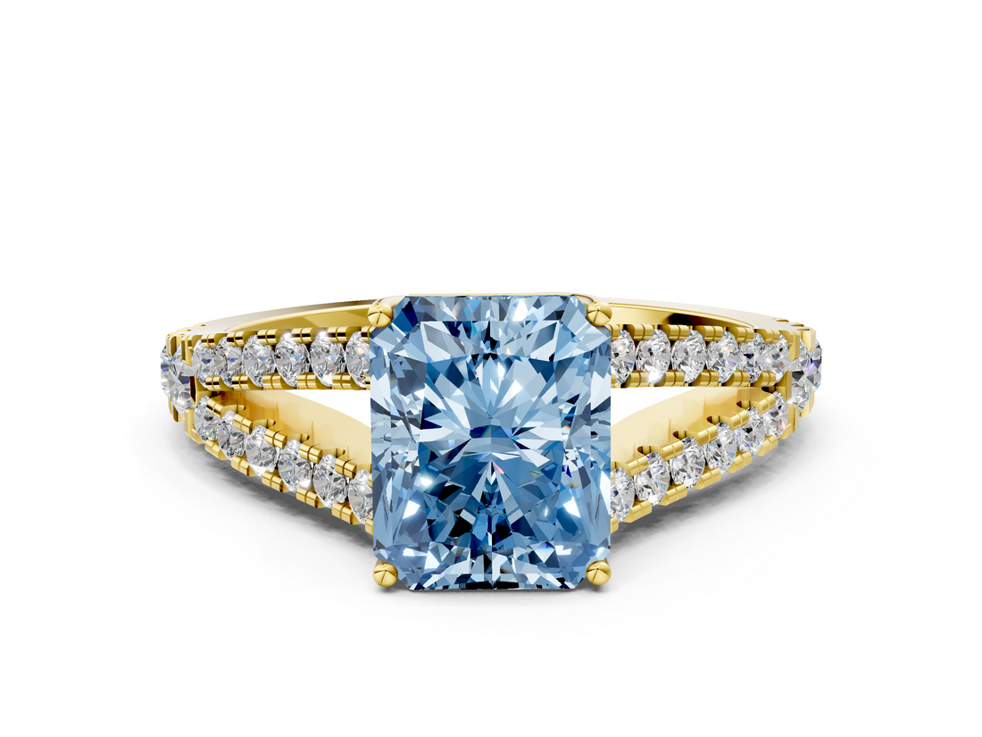 Yellow gold Fancy Blue Radiant  Cut Split Shank Pave Diamond Engagement Ring with Four-Prong Setting_24