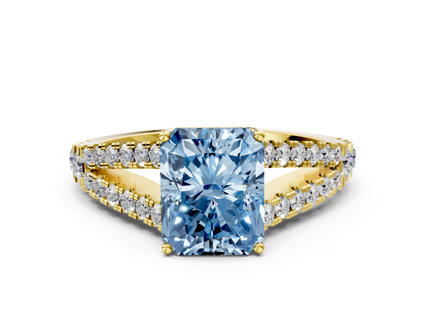 Yellow gold Fancy Blue Radiant  Cut Split Shank Pave Diamond Engagement Ring with Four-Prong Setting