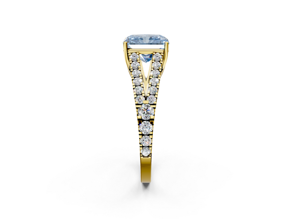 Yellow gold Fancy Blue Radiant  Cut Split Shank Pave Diamond Engagement Ring with Four-Prong Setting