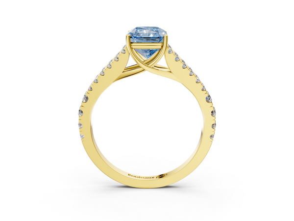 Yellow gold Fancy Blue Radiant  Cut Split Shank Pave Diamond Engagement Ring with Four-Prong Setting