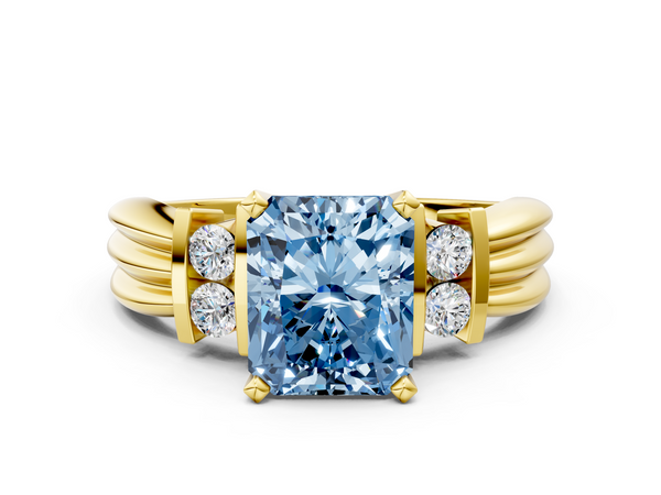 Yellow gold Fancy Blue Radiant  Cut Three-Stone Channel Set Ring with Bar Prongs