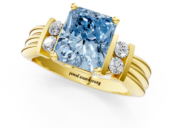 Yellow gold Fancy Blue Radiant  Cut Three-Stone Channel Set Ring with Bar Prongs