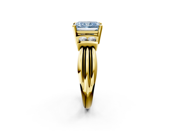 Yellow gold Fancy Blue Radiant  Cut Three-Stone Channel Set Ring with Bar Prongs