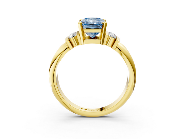 Yellow gold Fancy Blue Radiant  Cut Three-Stone Channel Set Ring with Bar Prongs