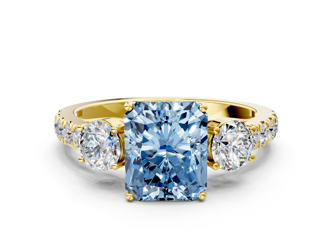 Yellow gold Fancy Blue Radiant  Cut Three-Stone Diamond Pave Band with Prong Setting_37