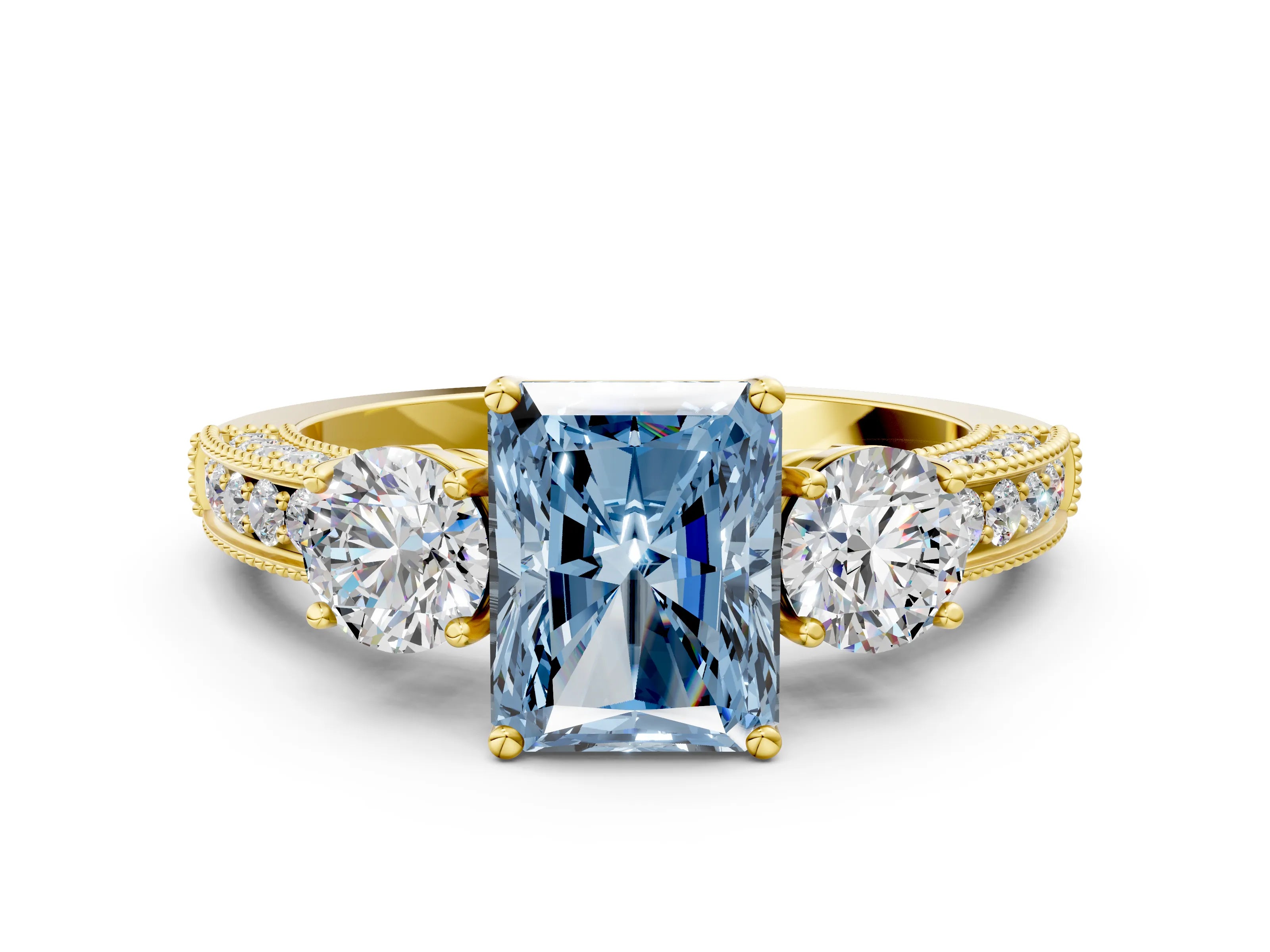 Yellow gold Fancy Blue Radiant Cut Three-Stone Diamond Ring with Pavé Band and Four-Prong Setting