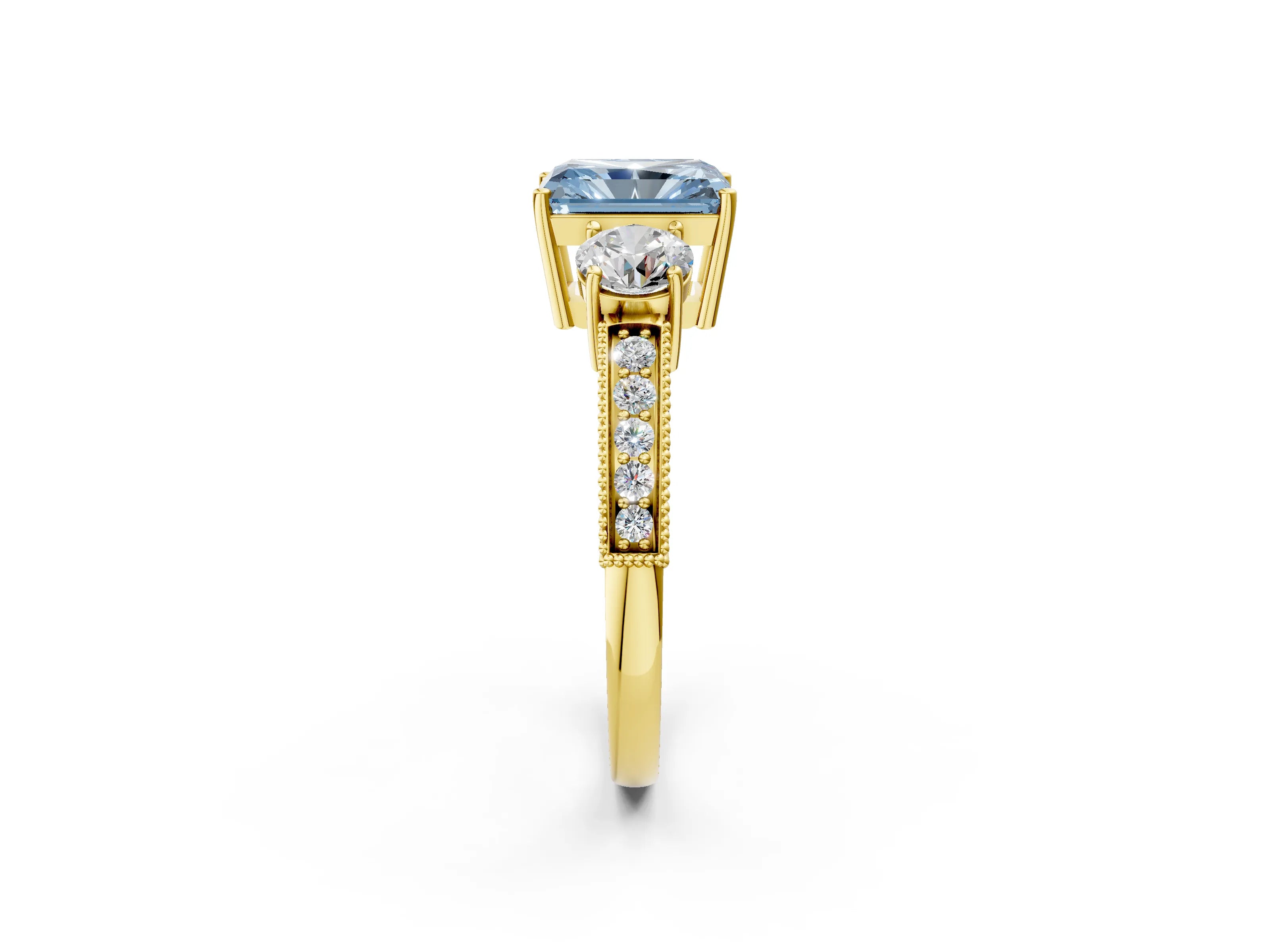 Yellow gold Fancy Blue Radiant Cut Three-Stone Diamond Ring with Pavé Band and Four-Prong Setting_2