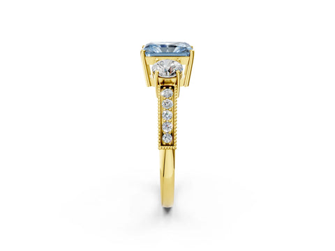 Yellow gold Fancy Blue Radiant Cut Three-Stone Diamond Ring with Pavé Band and Four-Prong Setting_2