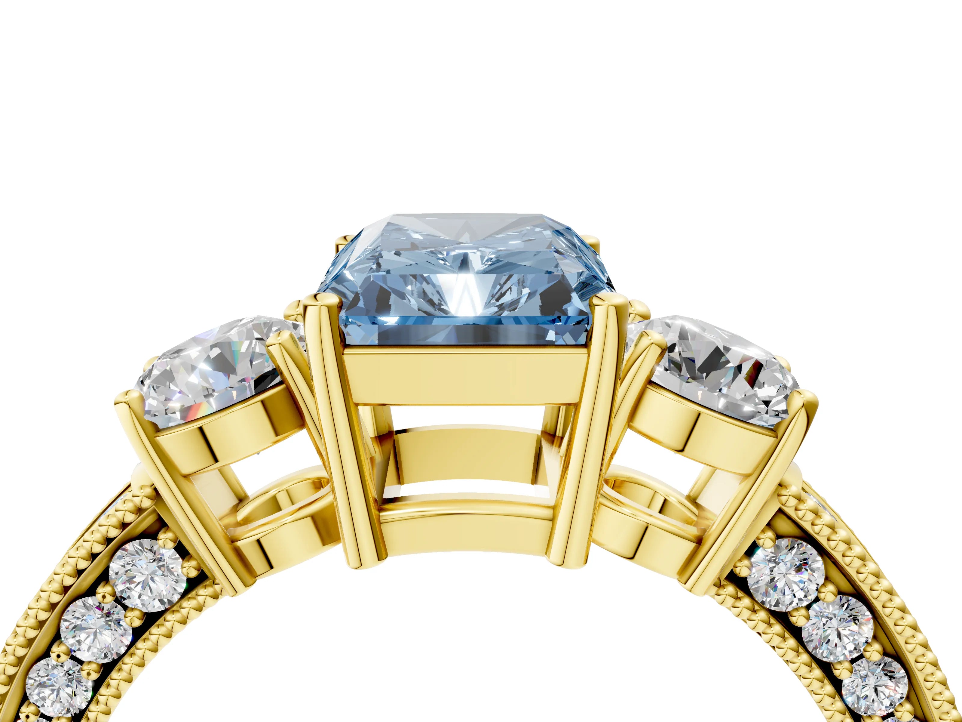 Yellow gold Fancy Blue Radiant Cut Three-Stone Diamond Ring with Pavé Band and Four-Prong Setting_4