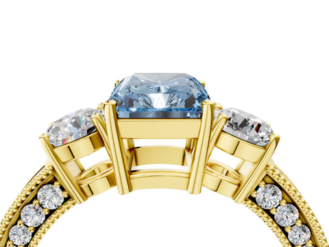 Yellow gold Fancy Blue Radiant Cut Three-Stone Diamond Ring with Pavé Band and Four-Prong Setting_4