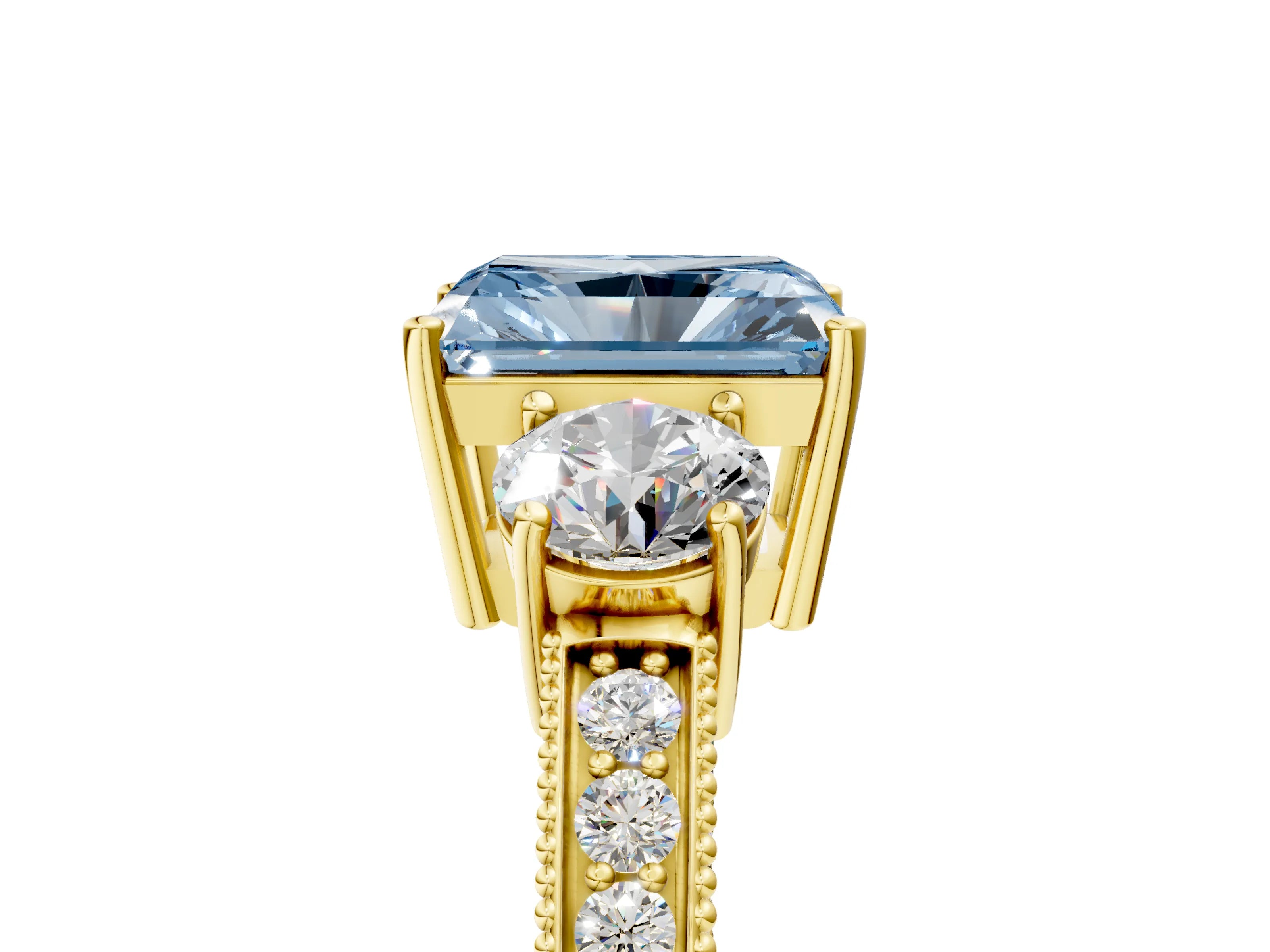 Yellow gold Fancy Blue Radiant Cut Three-Stone Diamond Ring with Pavé Band and Four-Prong Setting_5