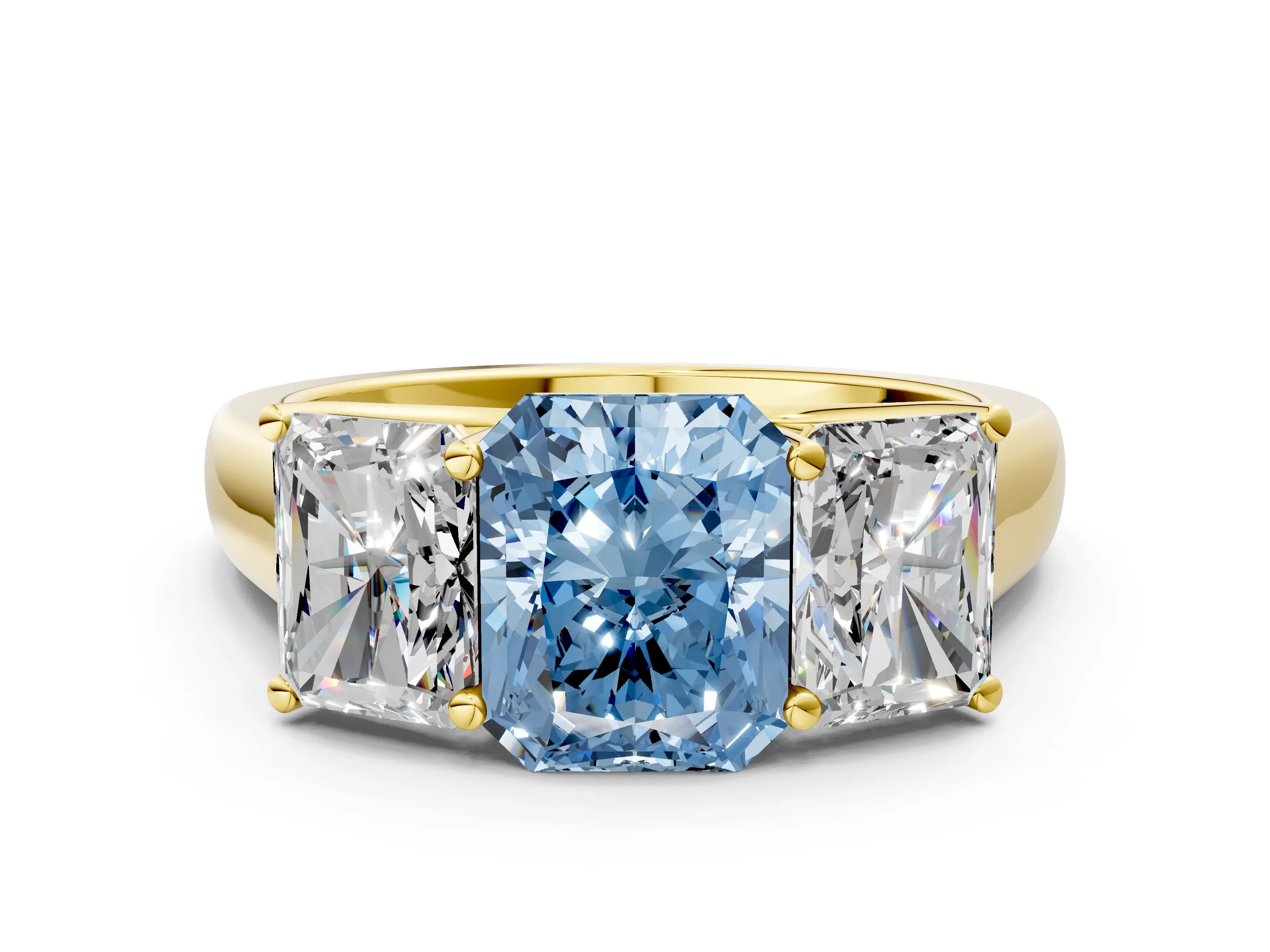 Yellow gold Fancy Blue Radiant Cut Three-Stone Diamond Ring with Prong Setting on a Classic Band