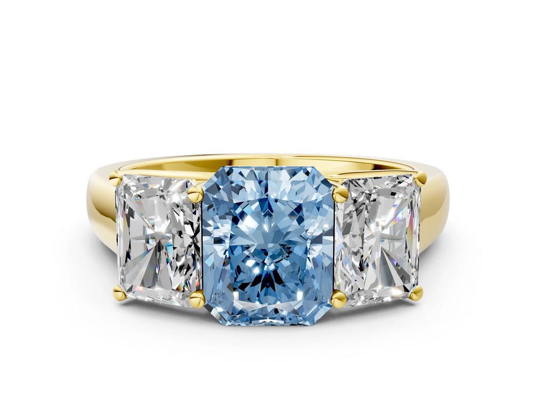 Yellow gold Fancy Blue Radiant Cut Three-Stone Diamond Ring with Prong Setting on a Classic Band_12