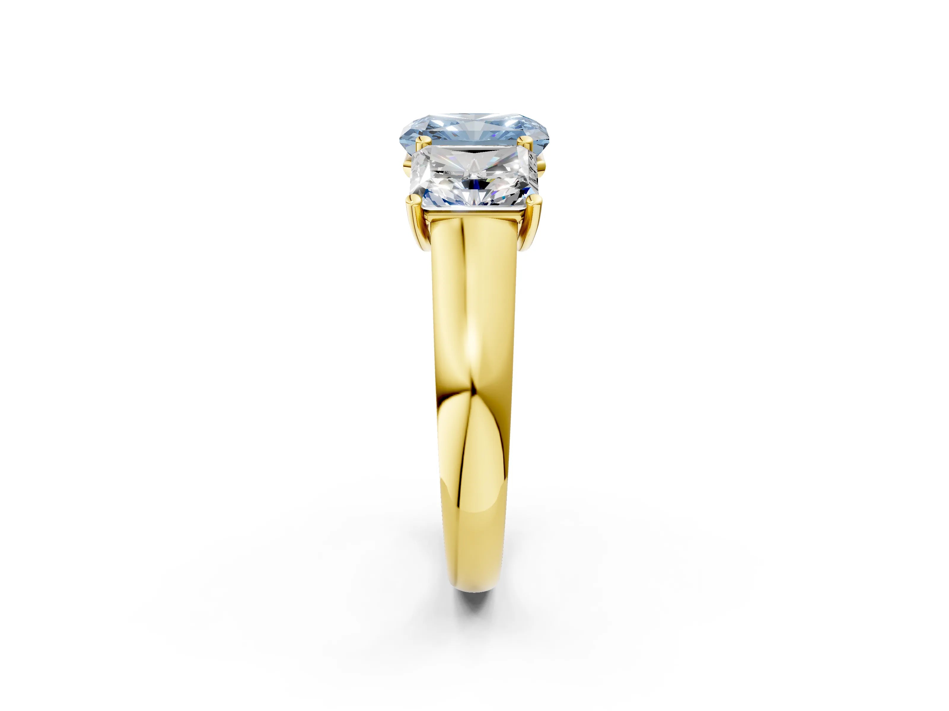 Yellow gold Fancy Blue Radiant Cut Three-Stone Diamond Ring with Prong Setting on a Classic Band_2