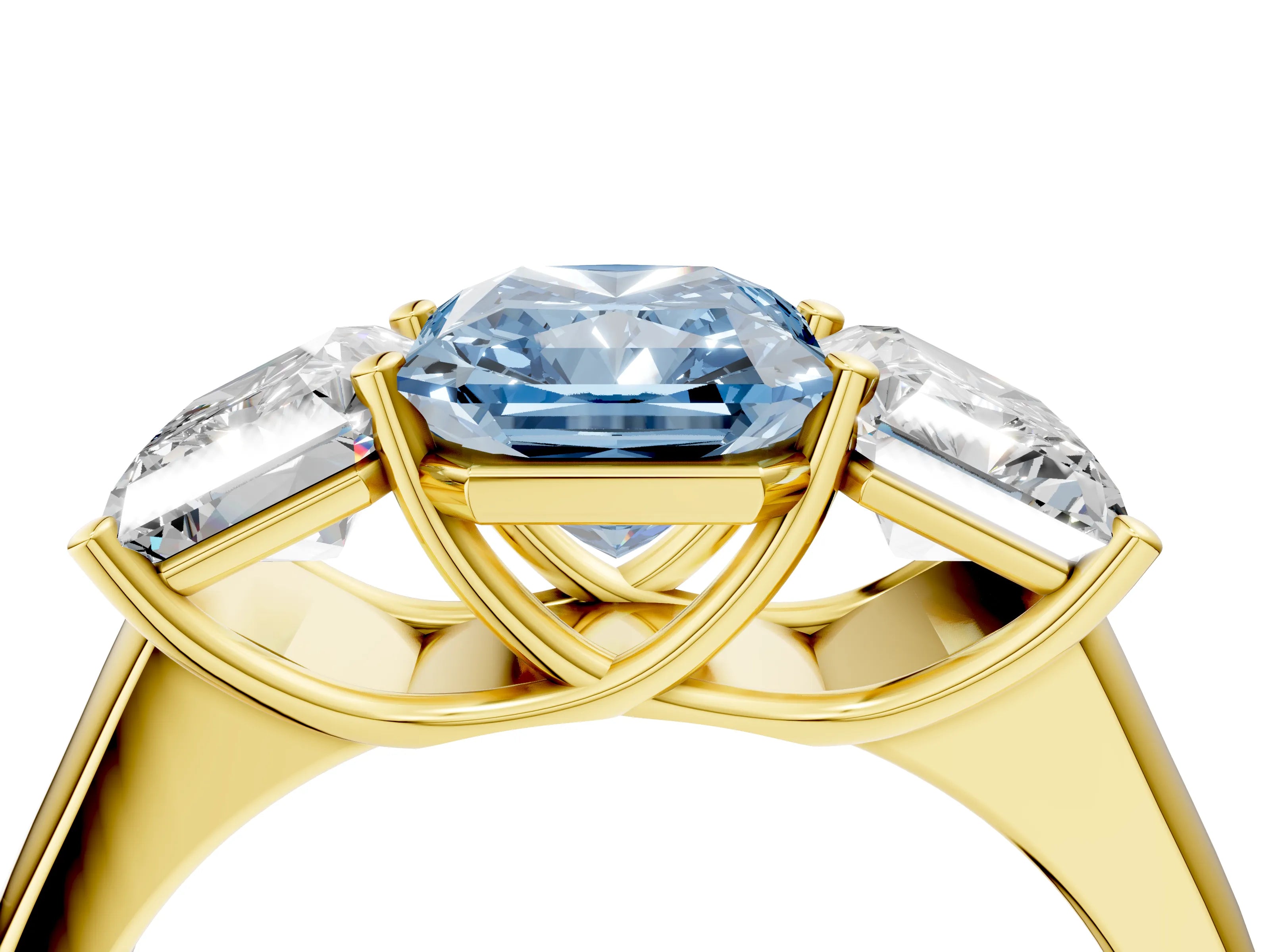 Yellow gold Fancy Blue Radiant Cut Three-Stone Diamond Ring with Prong Setting on a Classic Band_4
