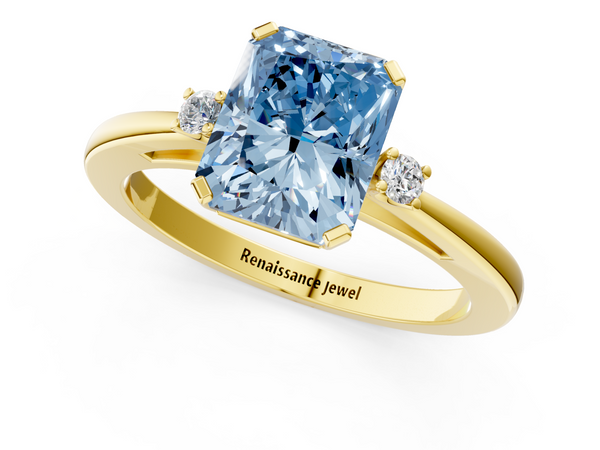 Yellow gold Fancy Blue Radiant  Cut Three-Stone Solitaire Ring with Round Accent Diamonds and Four-Prong Setting