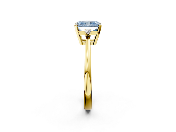 Yellow gold Fancy Blue Radiant  Cut Three-Stone Solitaire Ring with Round Accent Diamonds and Four-Prong Setting