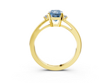 Yellow gold Fancy Blue Radiant  Cut Three-Stone Solitaire Ring with Round Accent Diamonds and Four-Prong Setting_23