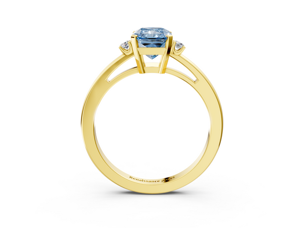 Yellow gold Fancy Blue Radiant  Cut Three-Stone Solitaire Ring with Round Accent Diamonds and Four-Prong Setting