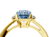 Yellow gold Fancy Blue Radiant  Cut Three-Stone Solitaire Ring with Round Accent Diamonds and Four-Prong Setting_24