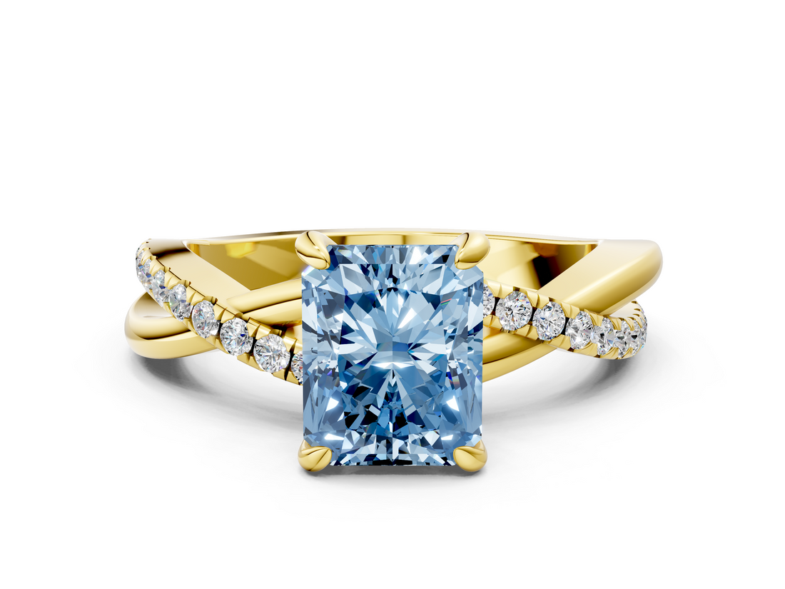 Yellow gold Fancy Blue Radiant  Cut Twist Band Solitaire Diamond Ring with Pavé Setting_3