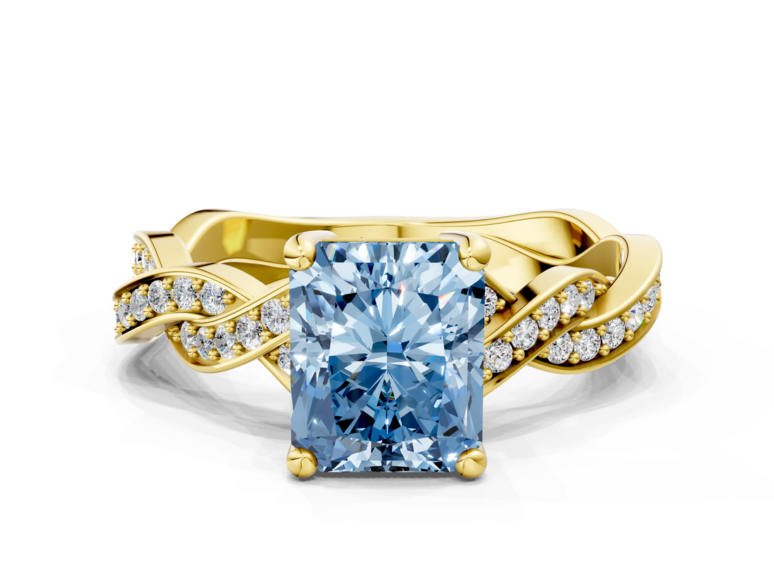 Yellow gold Fancy Blue Radiant  Cut Twisted Pavé Band Solitaire Ring with Four-Prong Setting_54
