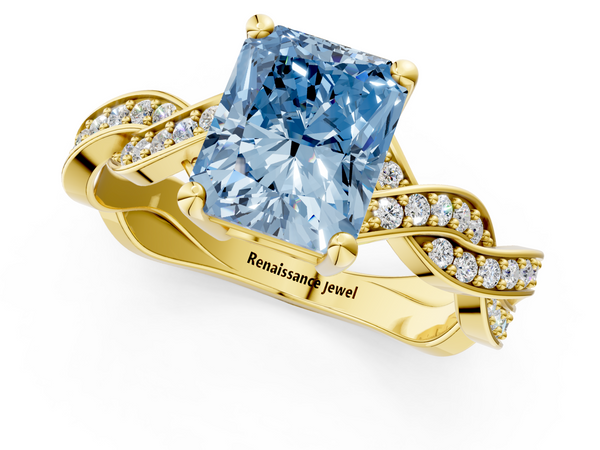 Yellow gold Fancy Blue Radiant  Cut Twisted Pavé Band Solitaire Ring with Four-Prong Setting