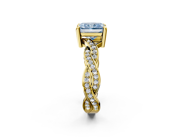 Yellow gold Fancy Blue Radiant  Cut Twisted Pavé Band Solitaire Ring with Four-Prong Setting