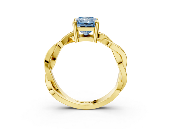 Yellow gold Fancy Blue Radiant  Cut Twisted Pavé Band Solitaire Ring with Four-Prong Setting
