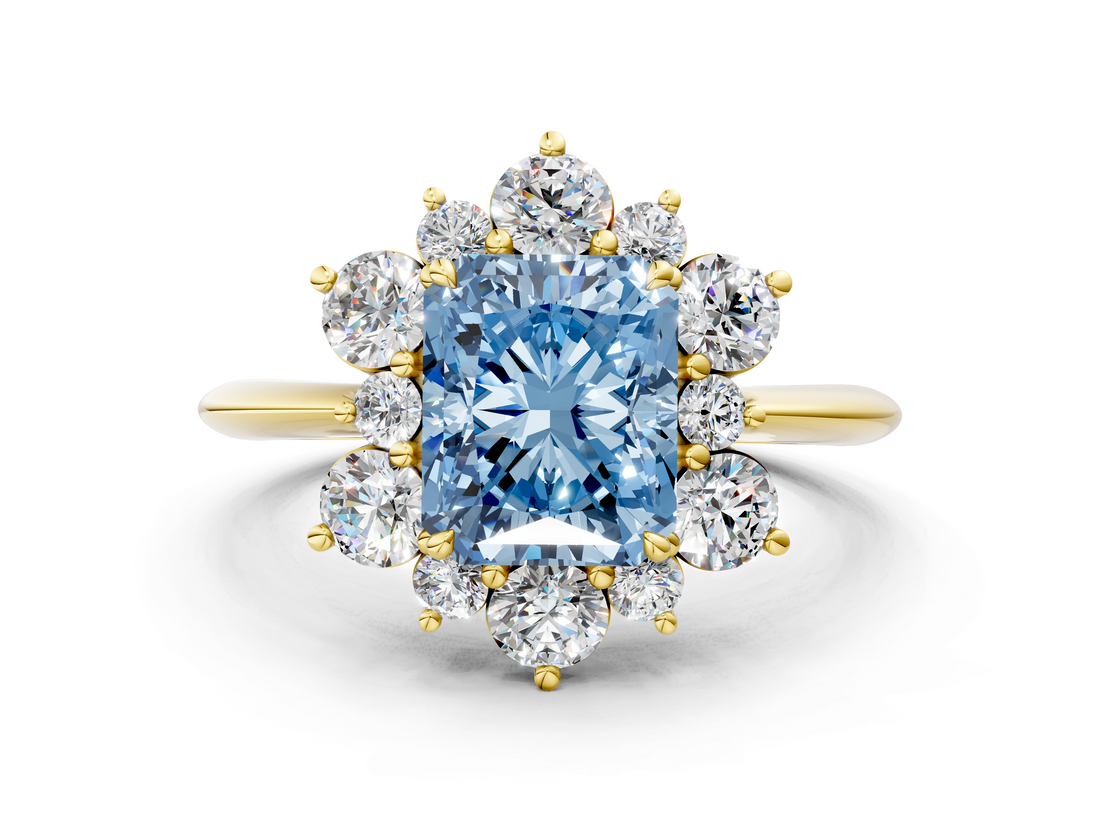 Yellow gold Fancy Blue Radiant  Diamond Cluster Halo Ring with Solitaire Band and Four-Prong Setting_20