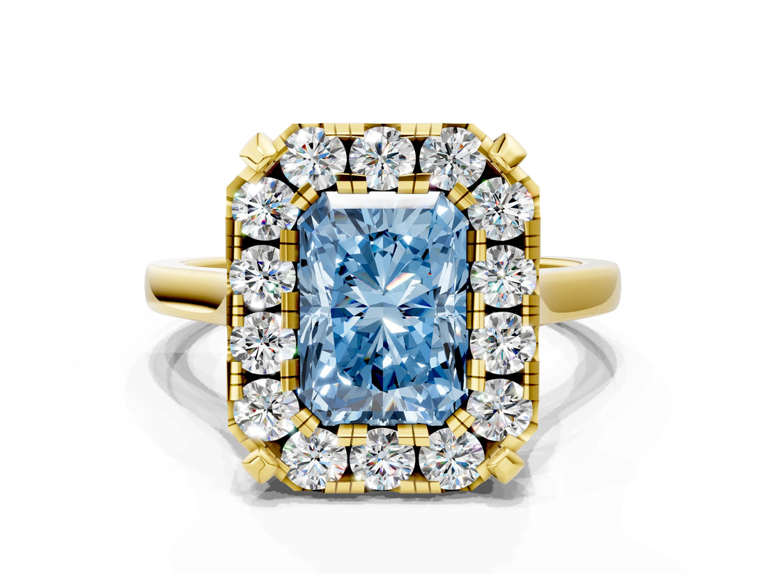 Yellow gold Fancy Blue Radiant  Diamond Cluster Halo Solitaire with Four-Prong Setting_77