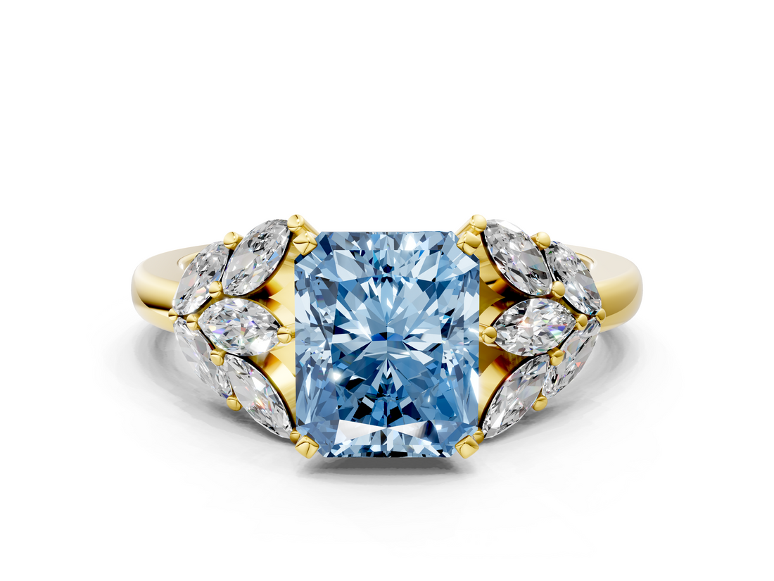 Yellow gold Fancy Blue Radiant  Diamond Cluster Leaf Design Ring with Prong Setting_70