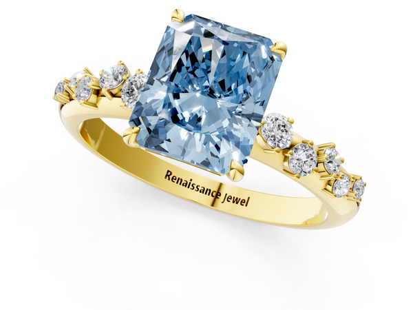 Yellow gold Fancy Blue Radiant  Diamond Cluster Prong-Set Solitaire Ring