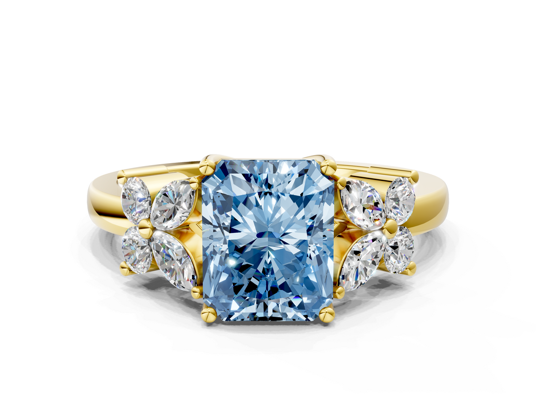 Yellow gold Fancy Blue Radiant  Diamond Floral Cluster Ring with Solitaire Band and Prong Setting_26