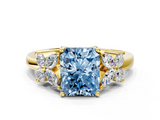 Yellow gold Fancy Blue Radiant  Diamond Floral Cluster Ring with Solitaire Band and Prong Setting_26