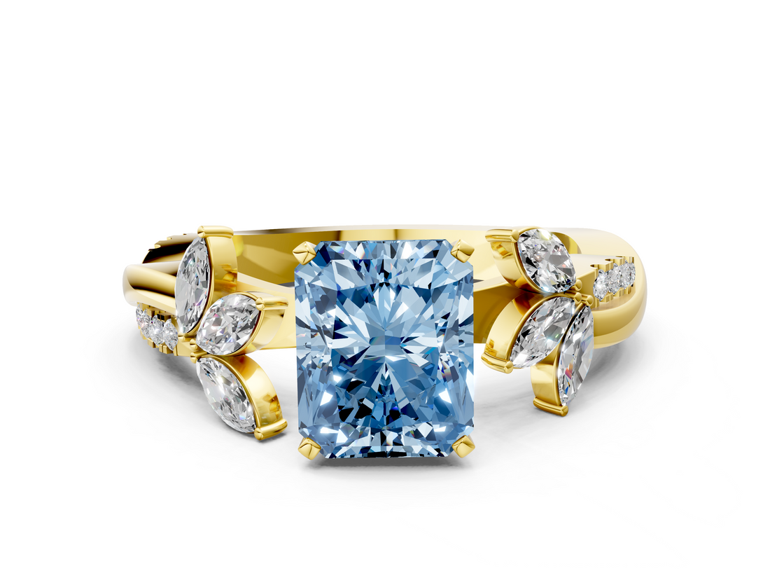 Yellow gold Fancy Blue Radiant  Diamond Floral Vine Solitaire Engagement Ring_3