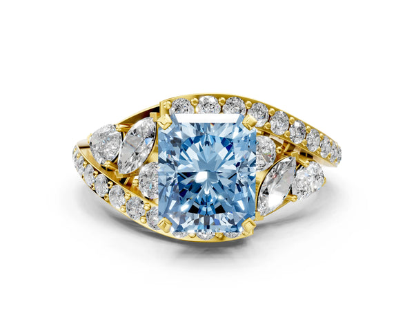 Yellow gold Fancy Blue Radiant  Diamond Halo Ring with Marquise and Pavé Band in Prong Setting