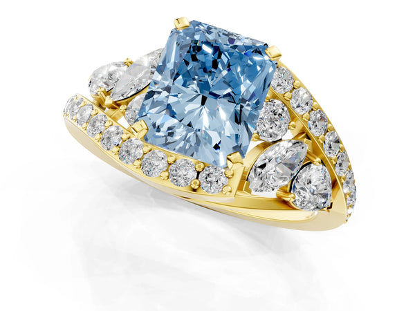 Yellow gold Fancy Blue Radiant  Diamond Halo Ring with Marquise and Pavé Band in Prong Setting