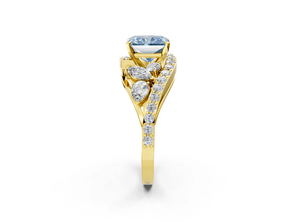 Yellow gold Fancy Blue Radiant  Diamond Halo Ring with Marquise and Pavé Band in Prong Setting