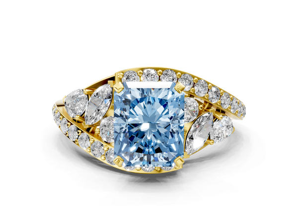 Yellow gold Fancy Blue Radiant  Diamond Halo Ring with Marquise and Pavé Band in Prong Setting