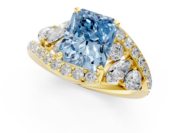 Yellow gold Fancy Blue Radiant  Diamond Halo Ring with Marquise and Pavé Band in Prong Setting