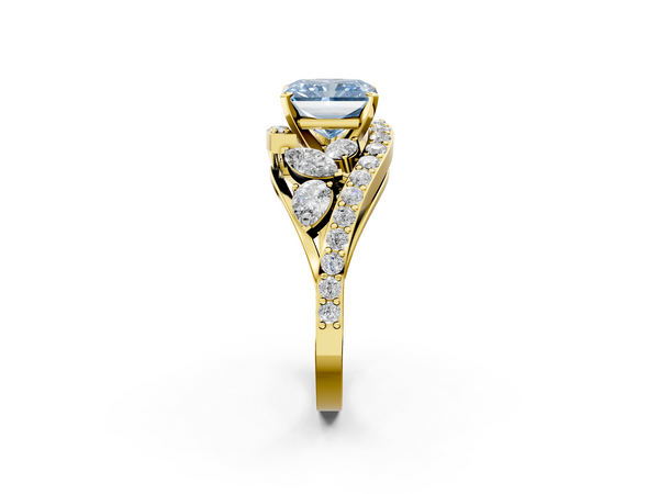 Yellow gold Fancy Blue Radiant  Diamond Halo Ring with Marquise and Pavé Band in Prong Setting