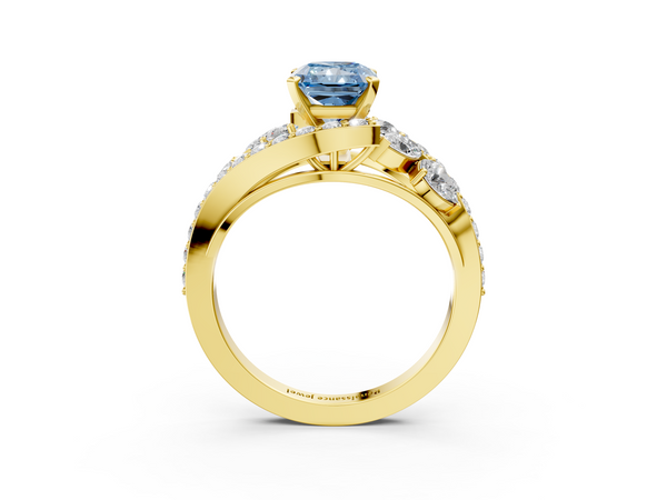 Yellow gold Fancy Blue Radiant  Diamond Halo Ring with Marquise and Pavé Band in Prong Setting
