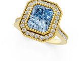 Yellow gold Fancy Blue Radiant  Diamond Halo Ring with Milgrain Frame and Pavé Band 1
