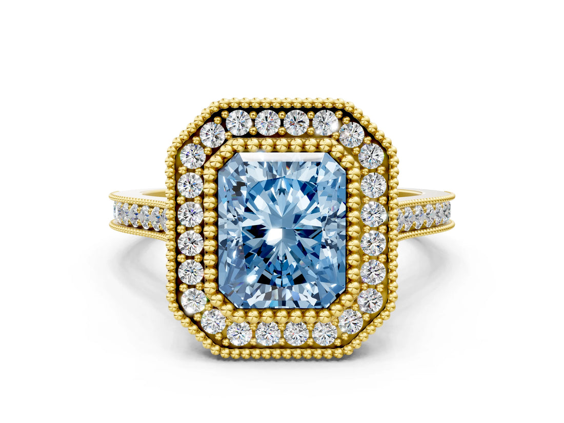 Yellow gold Fancy Blue Radiant  Diamond Halo Ring with Milgrain Frame and Pavé Band